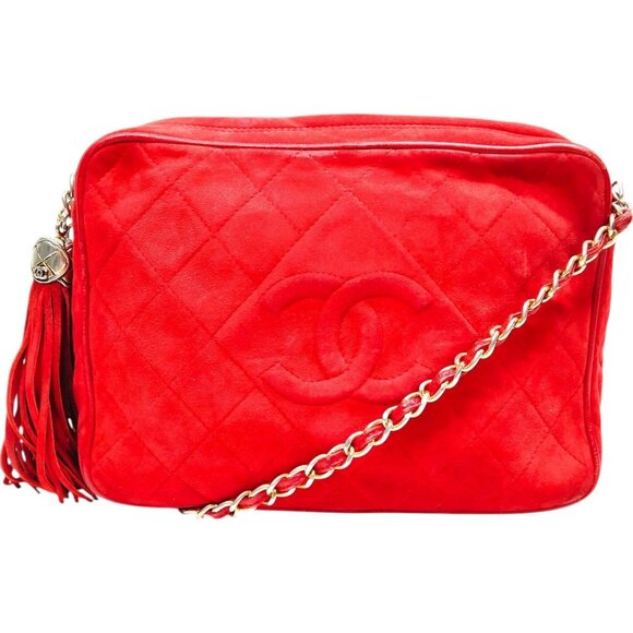 (S6) Authentic Chanel Shoulder Bag Red Suede Leather Luxury Vintage Designer Han - Picture 1 of 9